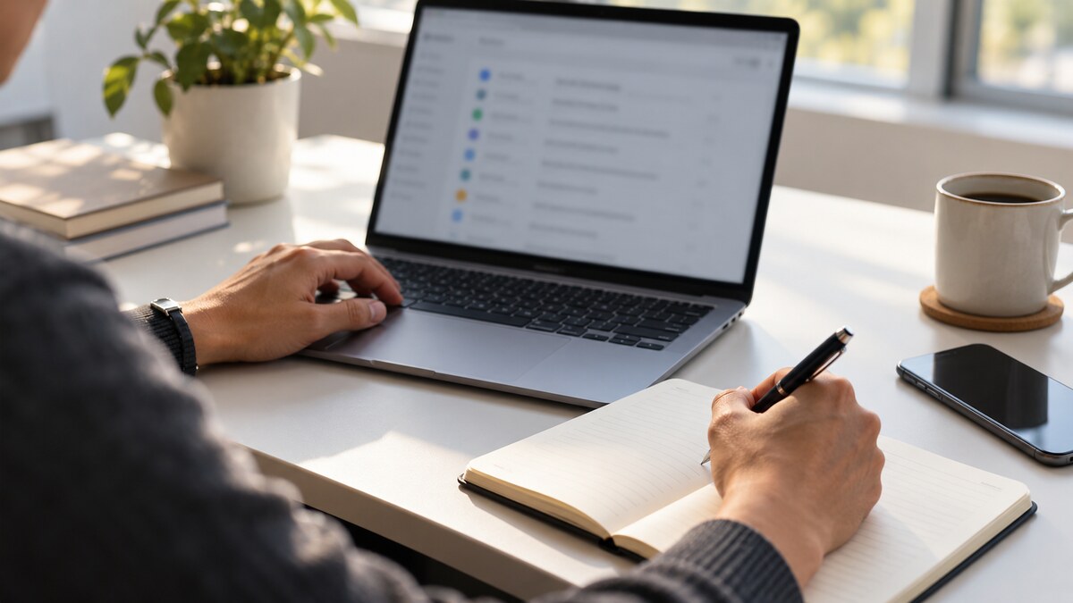 Professional reviewing follow-up tasks on a laptop and taking notes at a desk.